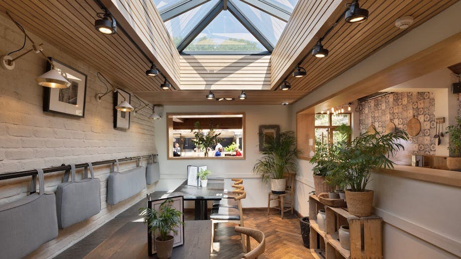 Modern event space at The Plough Harborne with skylight, ideal for meetings and gatherings.