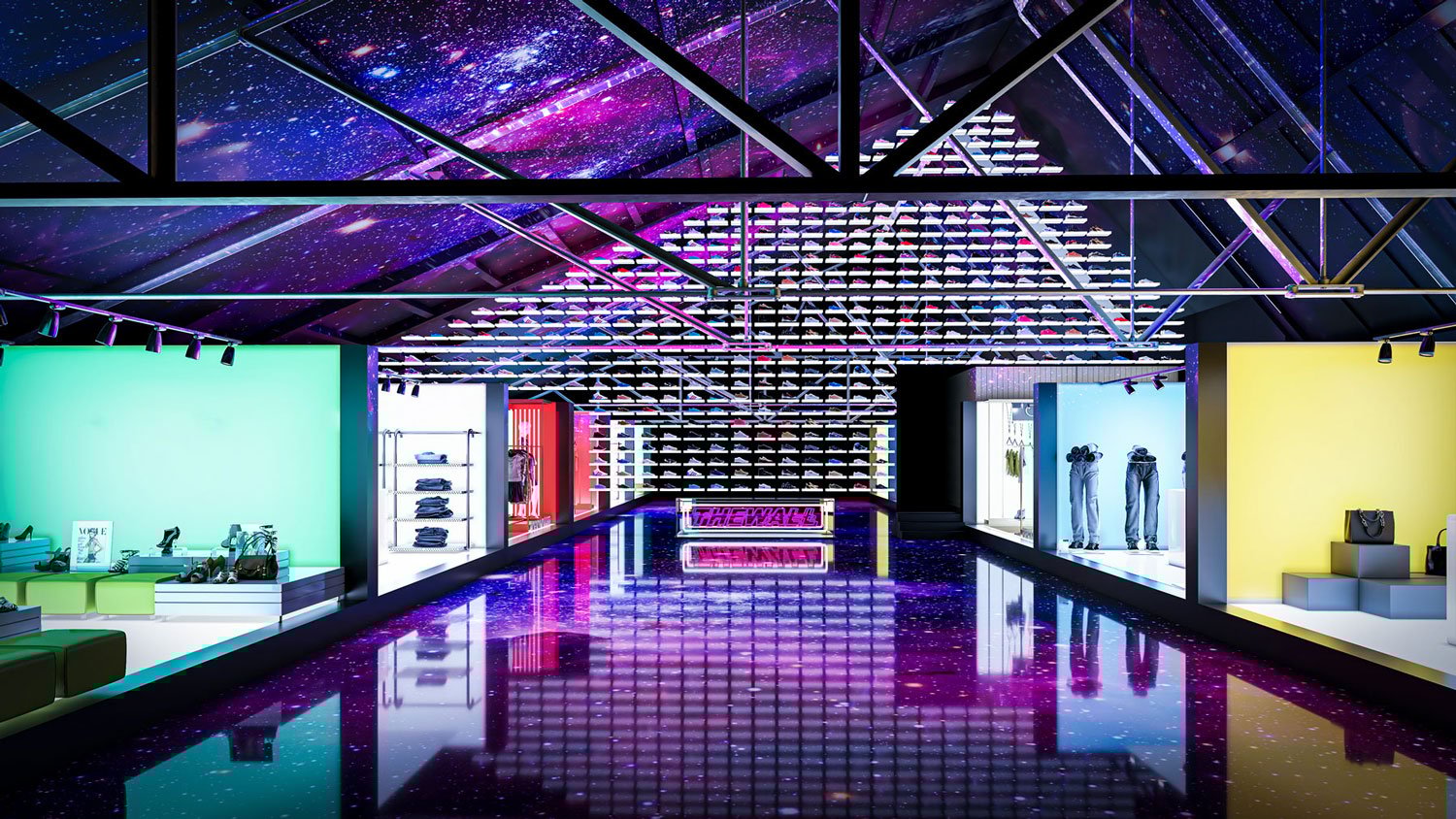 Vibrant ARTBOX event space with reflective floors for product launches and networking. - Banner