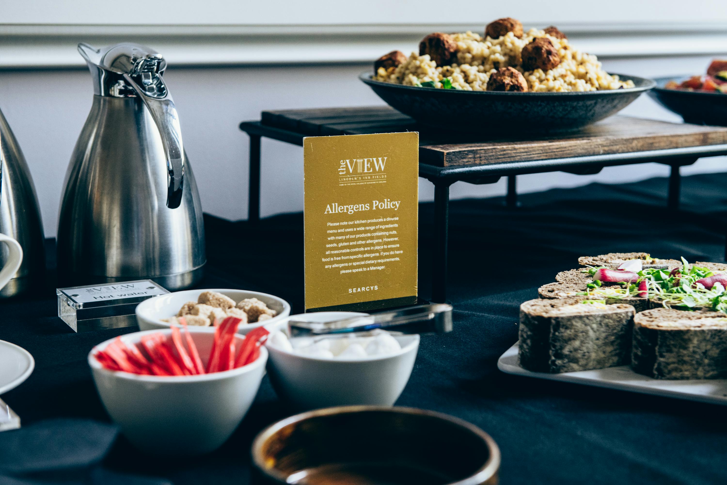 Catering setup at The View with allergen signage for successful events and meetings.