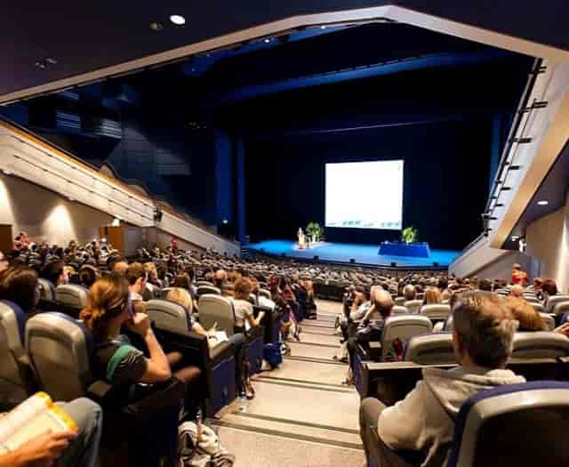 Meeting Rooms at ICC Birmingham with tiered seating for conferences and presentations.