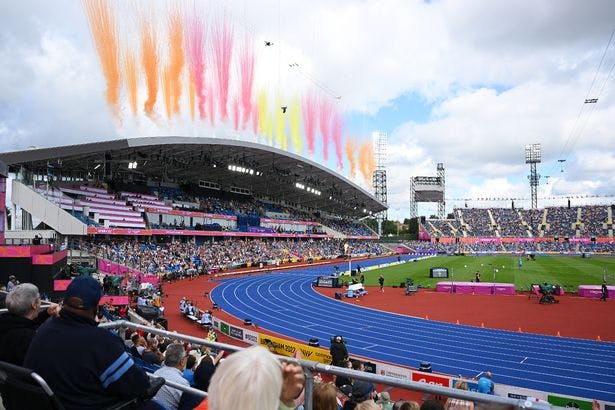 High Performance Centre at Alexander Stadium with vibrant pyrotechnics during an event.