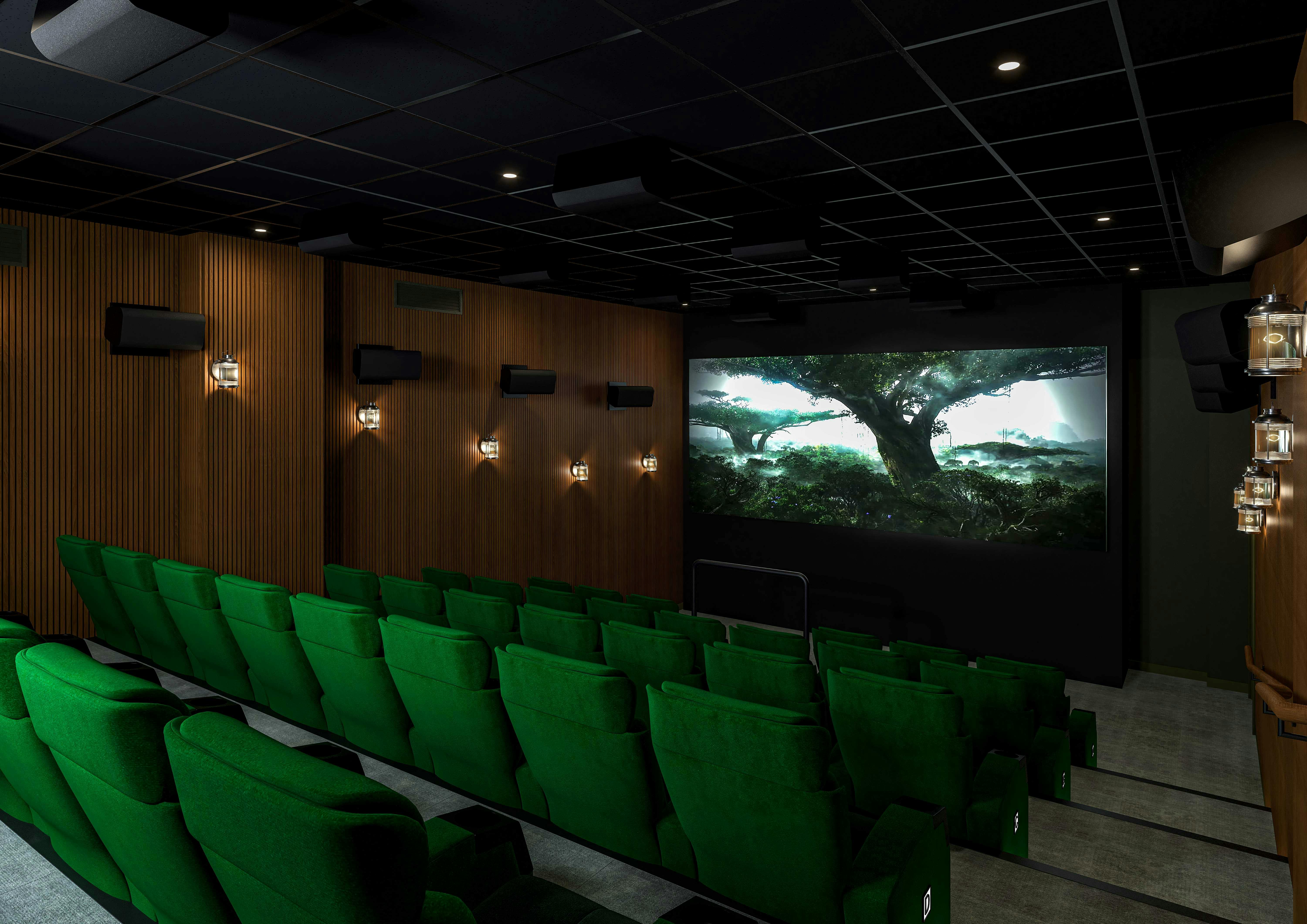 Sleek screening room with plush green seating for private events in Treehouse Hotel Manchester.