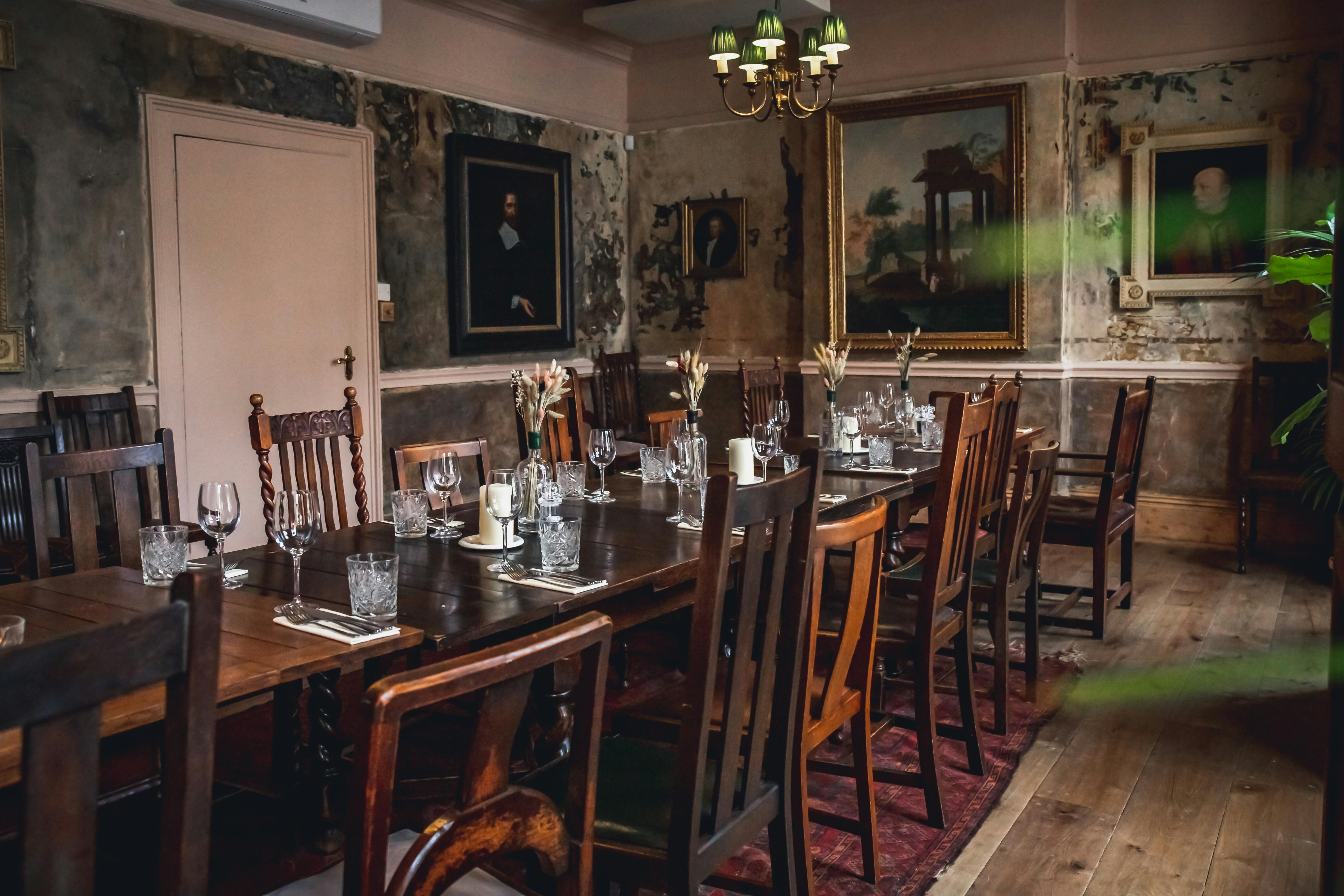 Rustic dining room at The Wilton Arms, ideal for intimate dinners and gatherings.