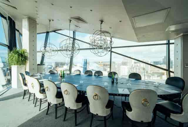 Modern meeting room with round table and city views at Marco Pierre White's Steakhouse.