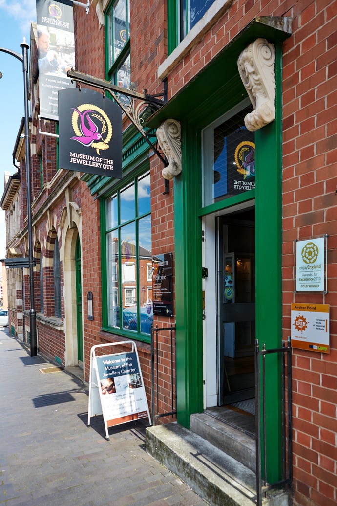 Museum of the Jewellery Quarter entrance with brick facade, ideal for events in Birmingham.