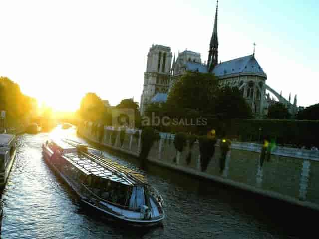 Le Diamant II boat on Seine River near Notre-Dame at sunset, perfect for gala dinners.