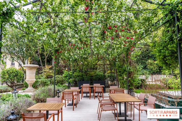 Outdoor terrace at Derrière, lush greenery, ideal for events and receptions.