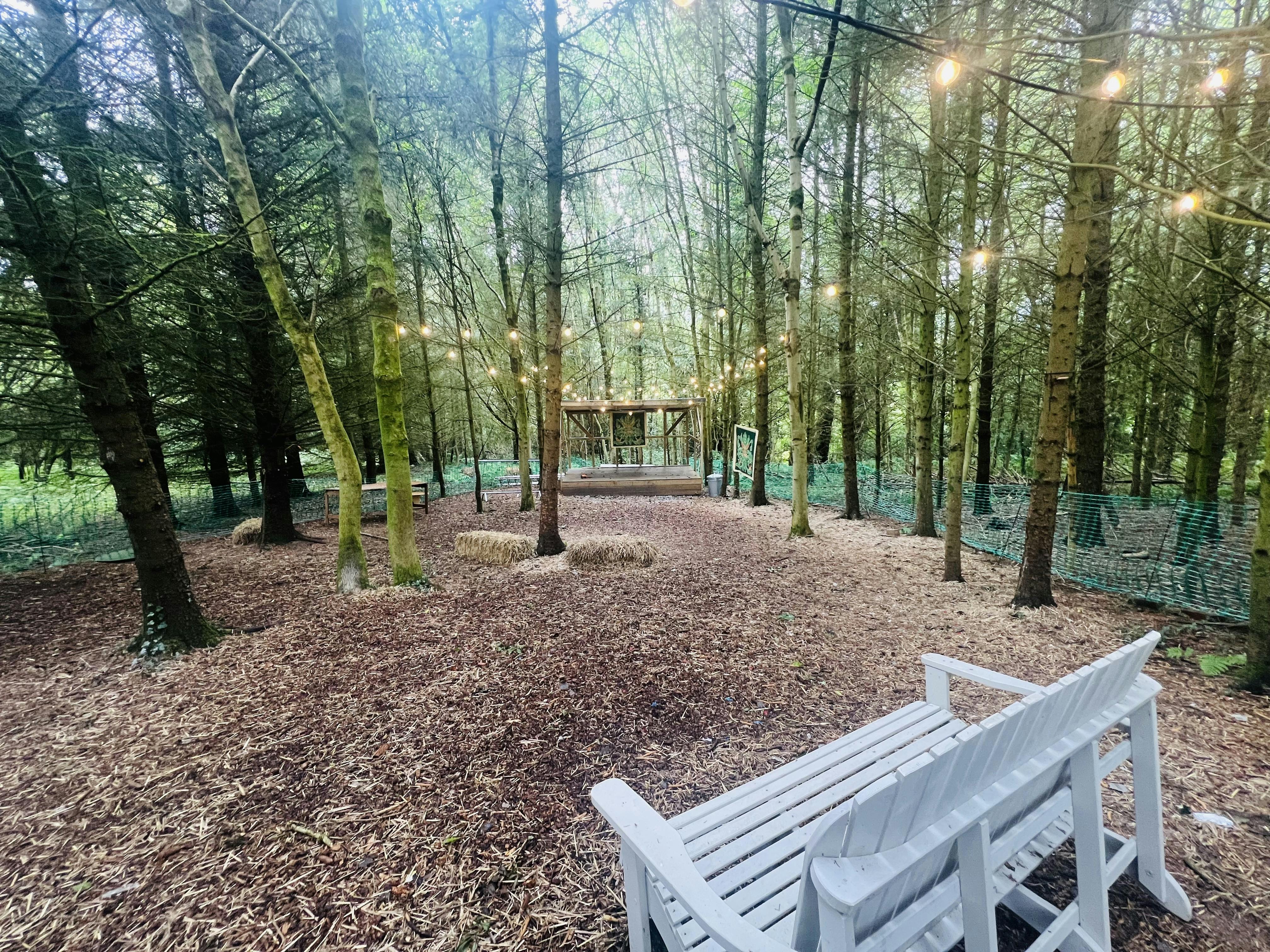 Woodland STAGE at The Strines Nightingale, a serene outdoor event space for gatherings.