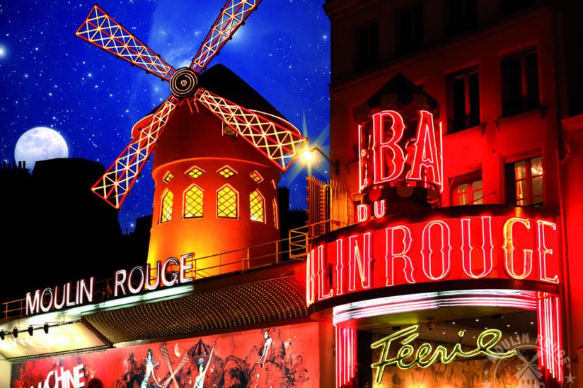 Moulin Rouge's red facade, ideal for themed events and corporate gatherings.