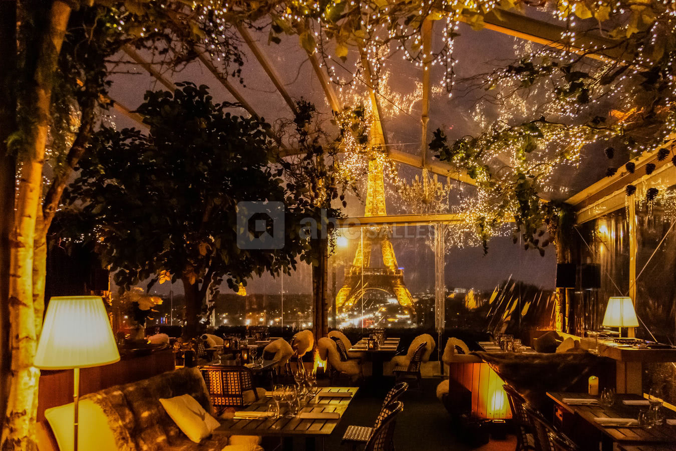 Elegant indoor event space at Café de l'Homme with Eiffel Tower view, perfect for celebrations.
