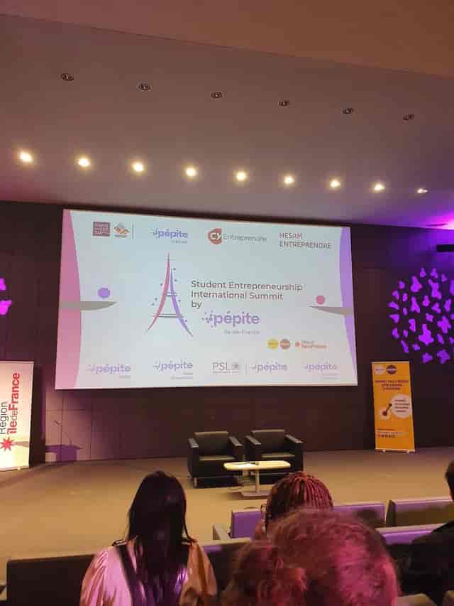 Auditorium at Sorbonne Université for Student Entrepreneurship Summit, featuring professional lighting.