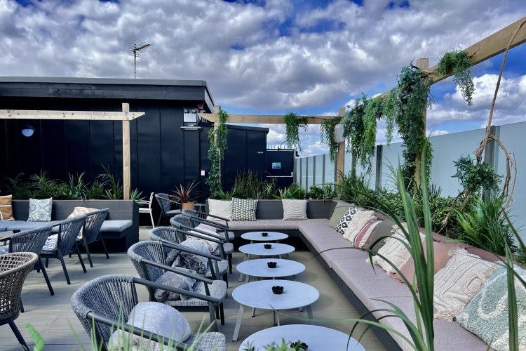 Stylish rooftop lounge with greenery, perfect for casual meetings and networking events.