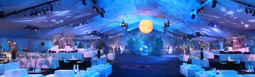 Elegant event space at LA Live with dramatic lighting and illuminated moon for upscale gatherings.