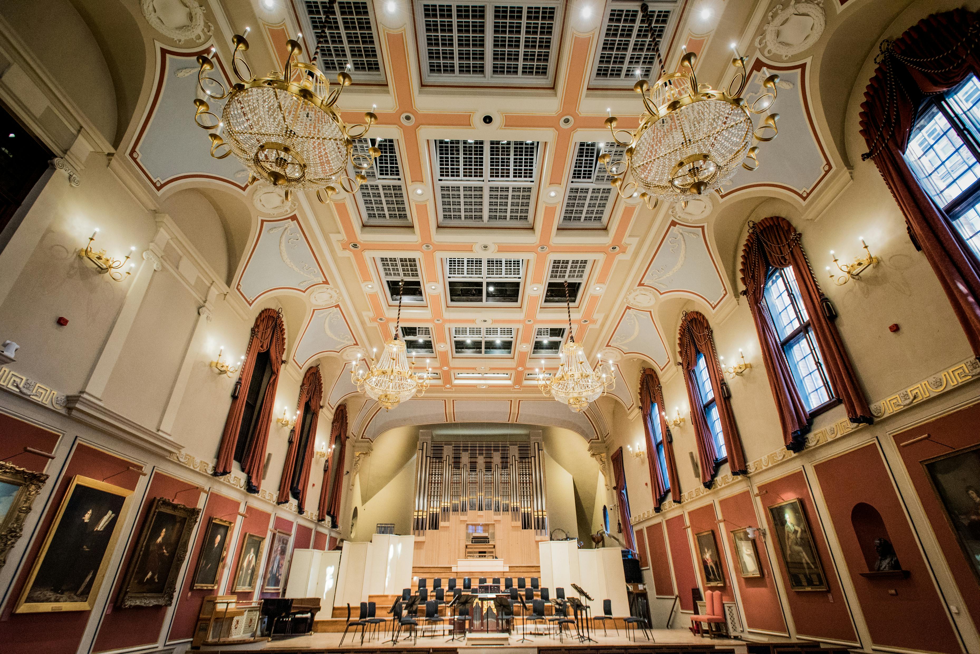 Duke's Hall at Royal Academy of Music, elegant ceiling, ideal for concerts and events.