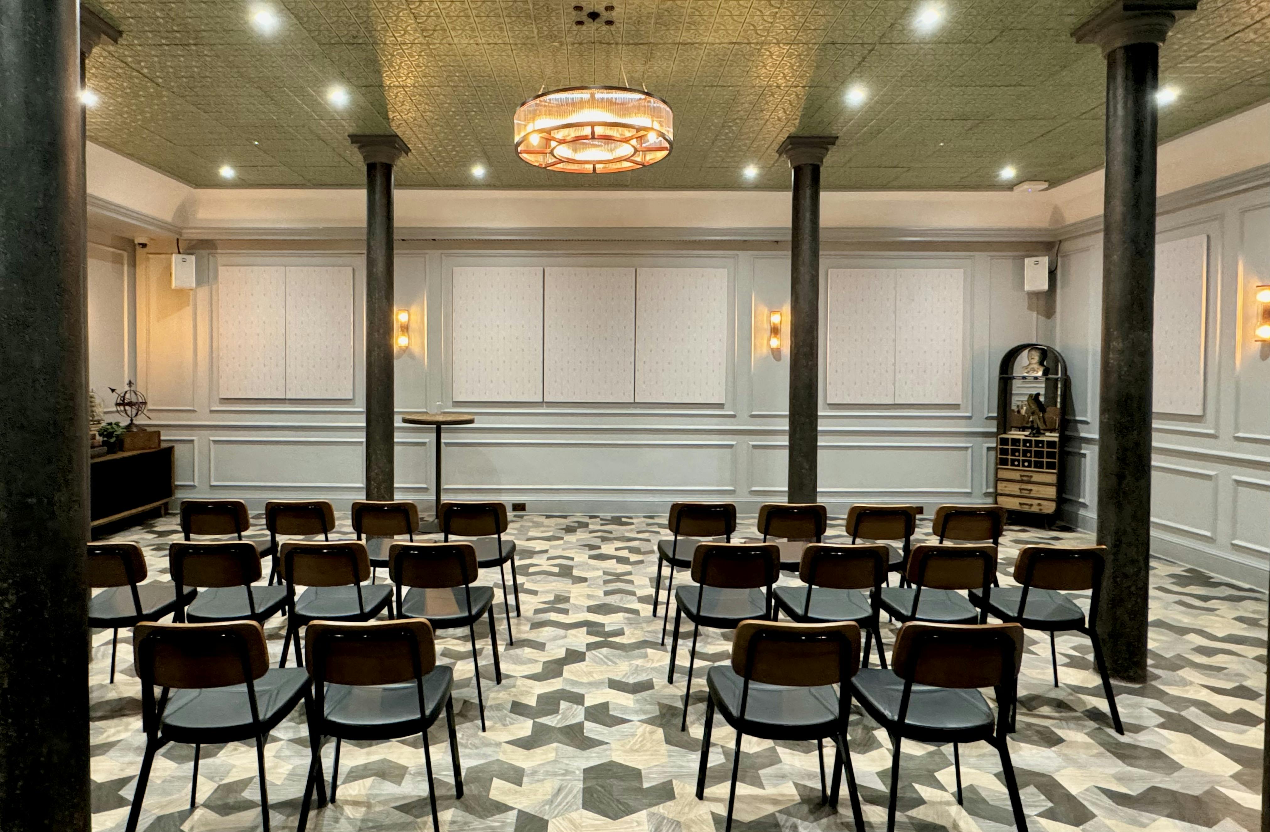 Grubstreet Cellars meeting space with elegant lighting for corporate events and workshops.