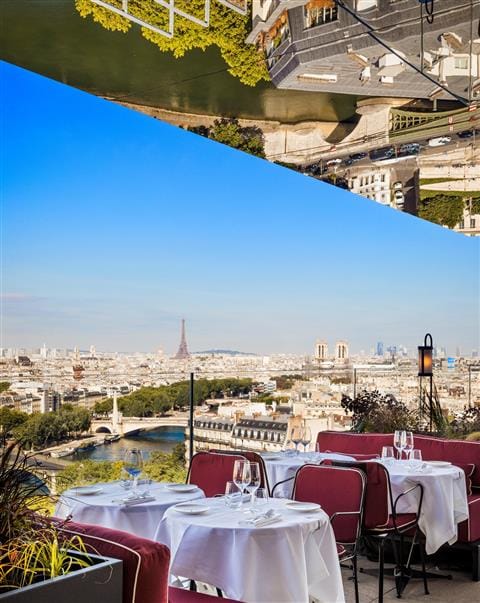 Panoramic view of Paris with Eiffel Tower, ideal for corporate retreats and gala dinners.