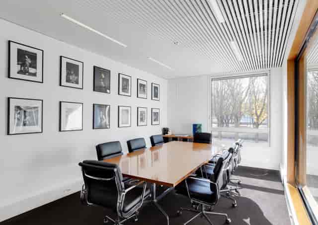 Modern conference room with wooden table and ergonomic chairs for professional meetings.