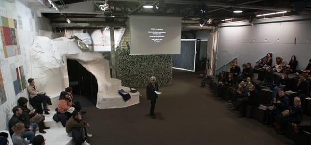 Engaging speaker in unique event space at Palais de Tokyo for creative workshops.