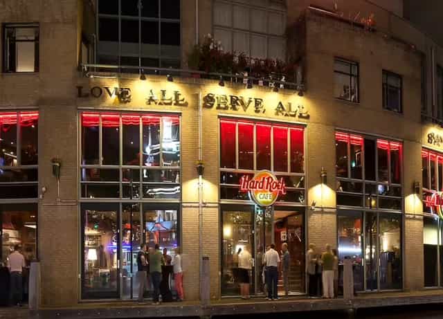 Semi-private event space at Hard Rock Cafe Amsterdam with vibrant atmosphere and branding.