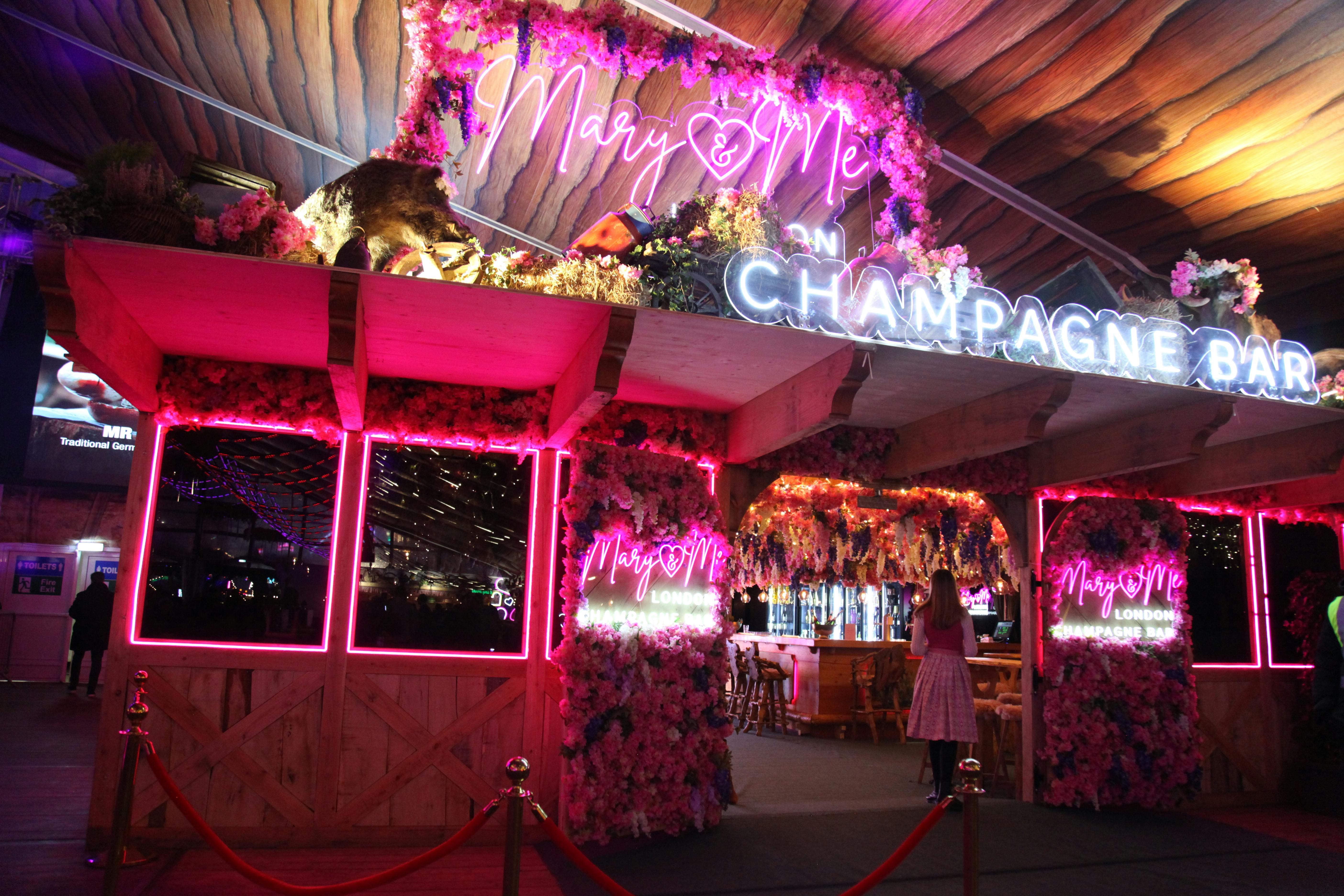 Mary & Me Champagne Bar in Bavarian Village, vibrant decor for luxury events and celebrations.