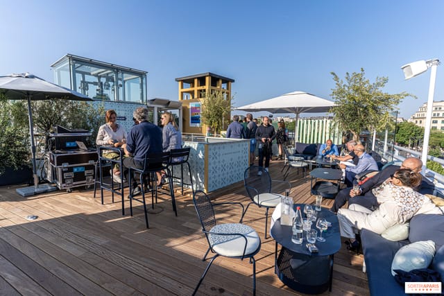 Vibrant rooftop event space with stylish seating for networking and social gatherings.