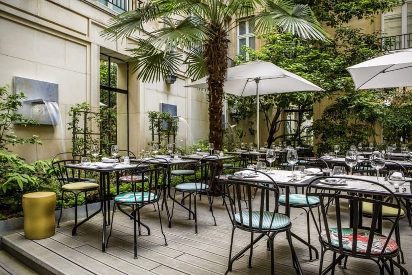 Outdoor dining at Restaurant Blossom, Sofitel Paris - elegant tables, upscale events.