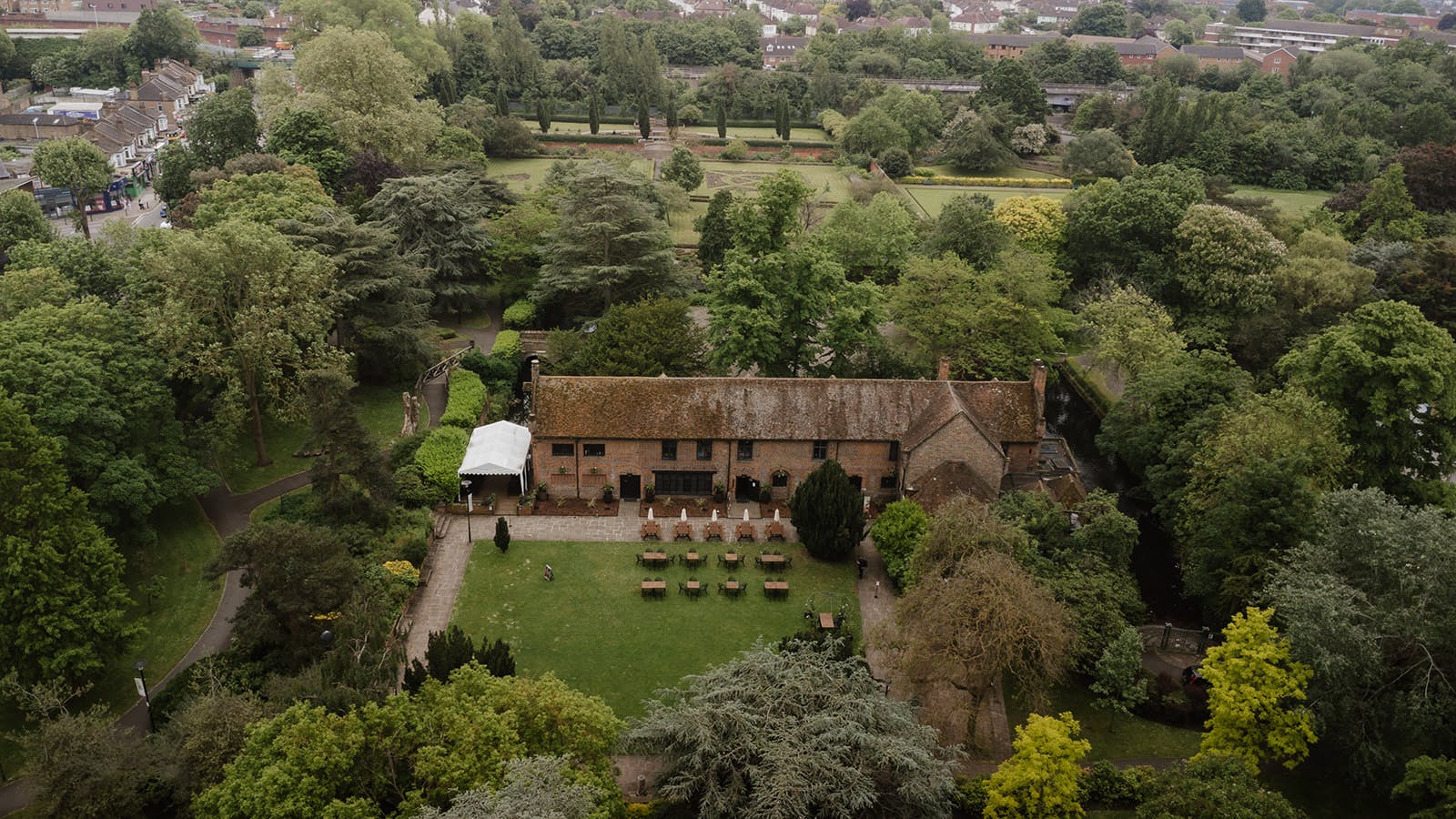 Front Lawn at Tudor Barn Eltham, ideal for outdoor weddings and events.