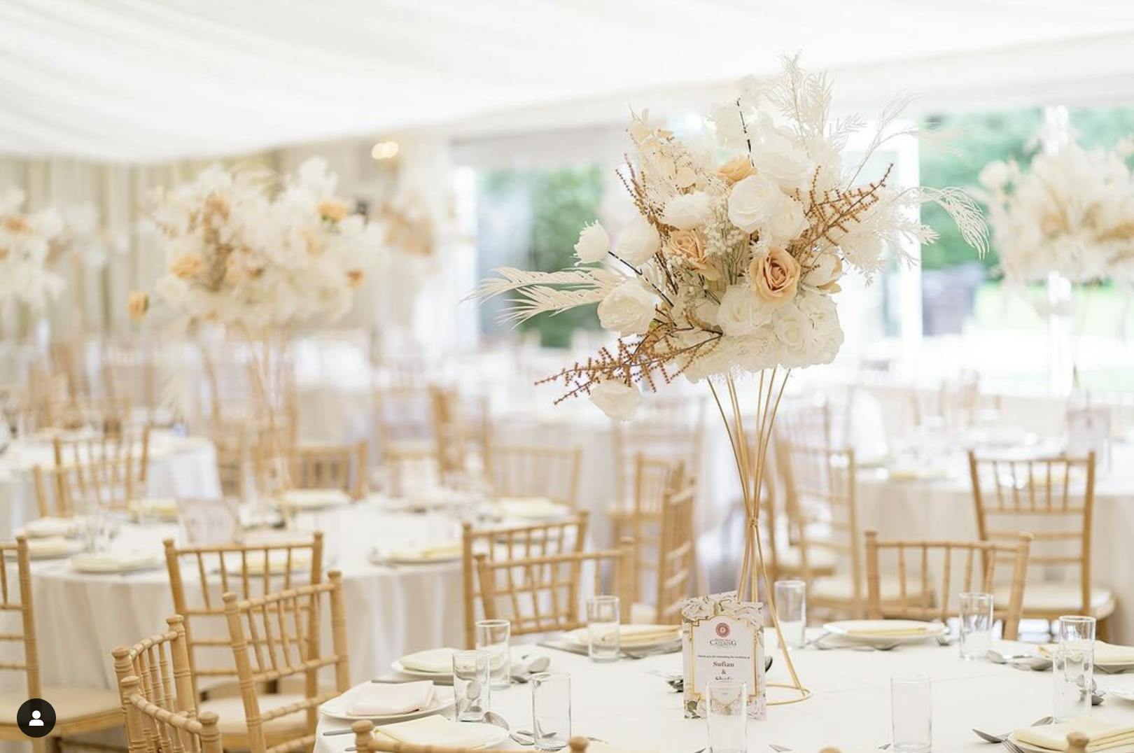 Elegant Banqueting Hall in Fennes with chic gold chairs, perfect for weddings and upscale events.