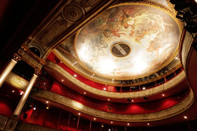 Ornate Théâtre de la Madeleine interior with painted ceiling, perfect for events.