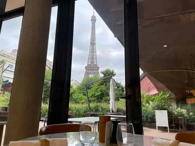 Eiffel Tower view from Le Café Jacques, perfect for upscale events and networking.
