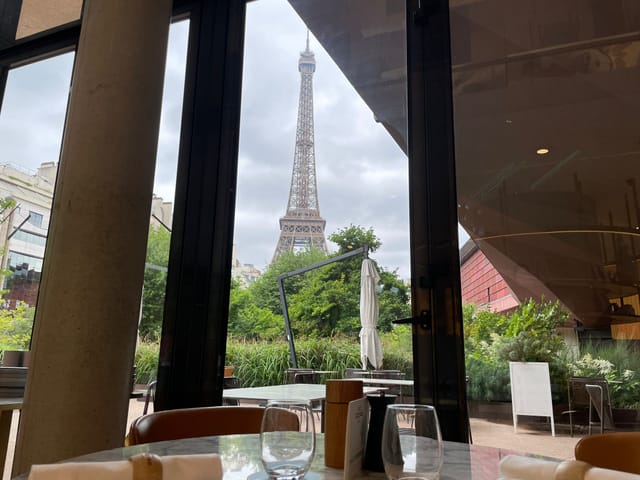Eiffel Tower view from Le Café Jacques, perfect for upscale events and networking.