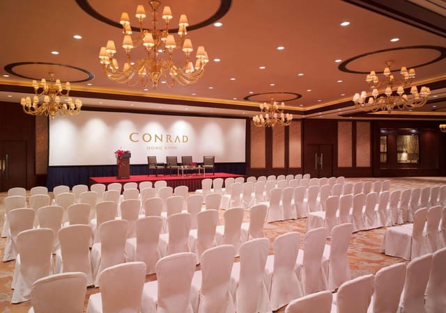 Conference Center in Conrad Hong Kong with elegant chandeliers, ideal for corporate meetings.