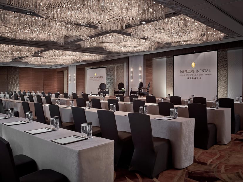 Sophisticated conference setup with elegant chandeliers at InterContinental Grand Stanford.