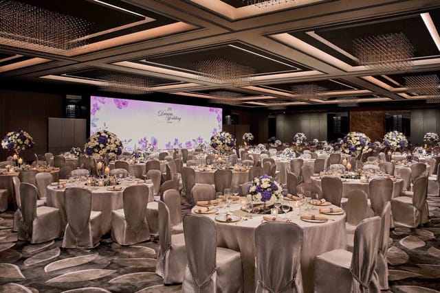JW Marriott Ballroom in Hong Kong, elegant banquet hall for weddings and corporate events.
