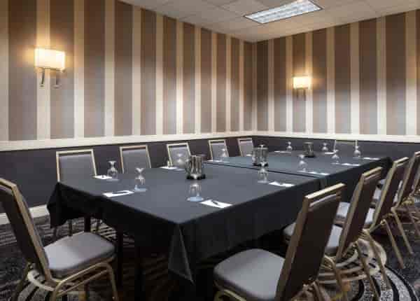 Elegant banquet hall with dark table, ideal for corporate meetings and workshops.