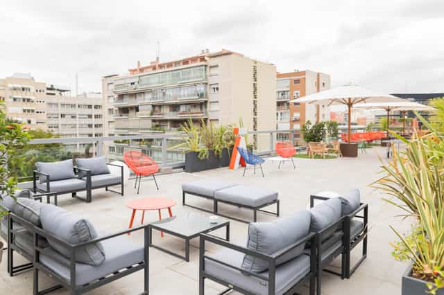Stylish rooftop workshop room with greenery, perfect for networking events and meetings.