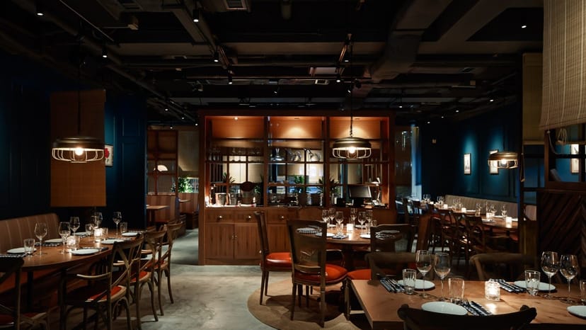 Private dining room at The Optimist, elegant decor for corporate events and gatherings.