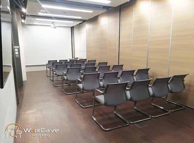 Multifunction Room in WorkCave Hong Kong, modern chairs for workshops and presentations.
