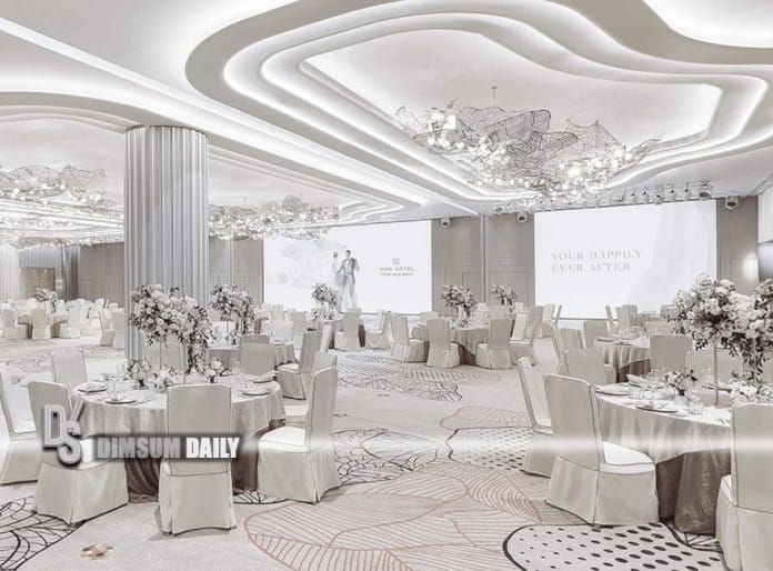 Elegant Nina Ballroom with floral centerpieces, perfect for weddings and corporate events.