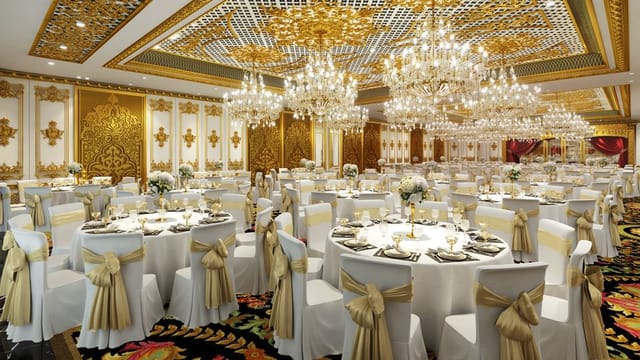 Grand Ballroom at Hotel Alexandra, elegant chandeliers, perfect for weddings and galas.