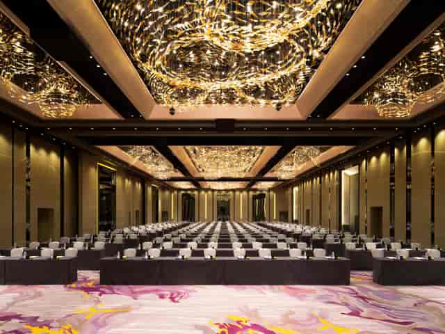 Sophisticated conference center with elegant chandeliers in Crowne Plaza Hong Kong.