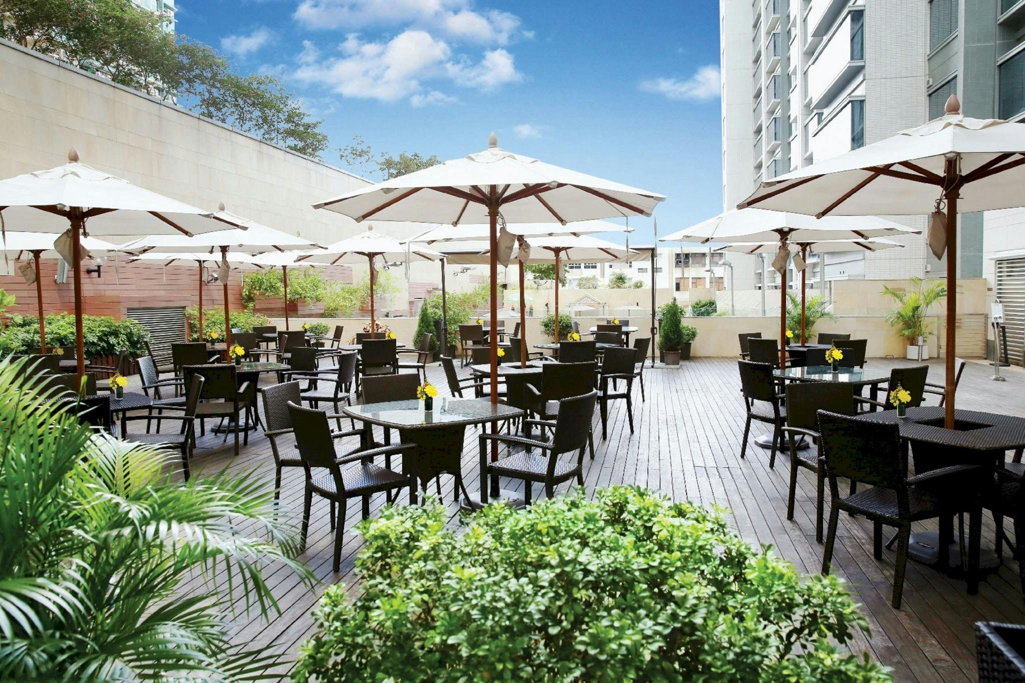 Garden Room at Harbour Plaza 8 Degrees, outdoor event space with tables and umbrellas.