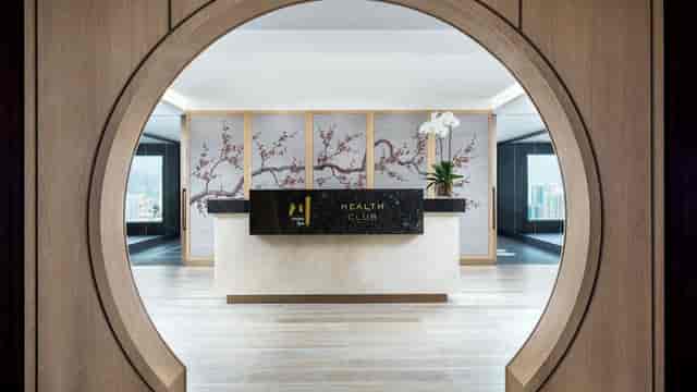 Modern health club reception at Cordis, Hong Kong for wellness events and corporate retreats.