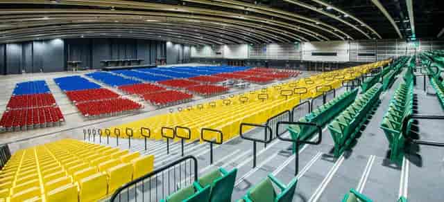 Colorful conference room setup at Hong Kong Convention Centre for events and gatherings.