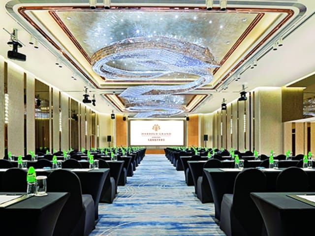 Grand Ballroom at Harbour Grand Kowloon, elegant chandeliers, corporate meetings venue.
