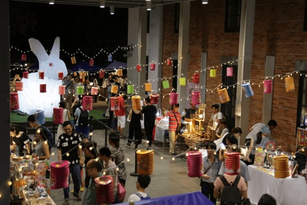 Vibrant outdoor event space at Jao Tsung-I Academy with colorful lanterns and bunny decor.