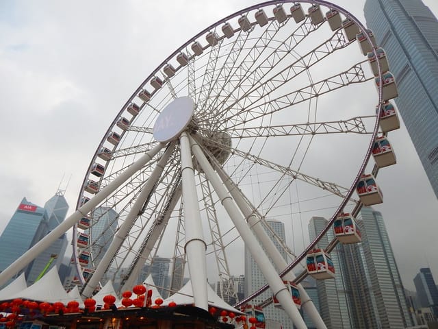 Hong Kong Observation Wheel with skyscrapers, perfect for events and celebrations.