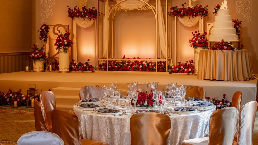 Disney Fairy Tale Weddings venue in Hong Kong Disneyland, elegant floral decor for weddings.