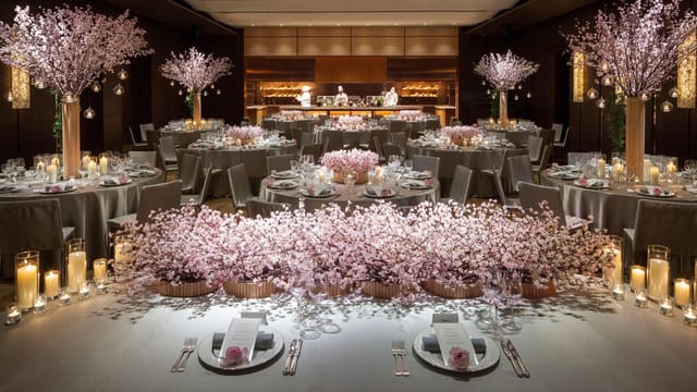 Elegant event space at Grand Hyatt Tokyo with cherry blossoms, ideal for weddings and gatherings.