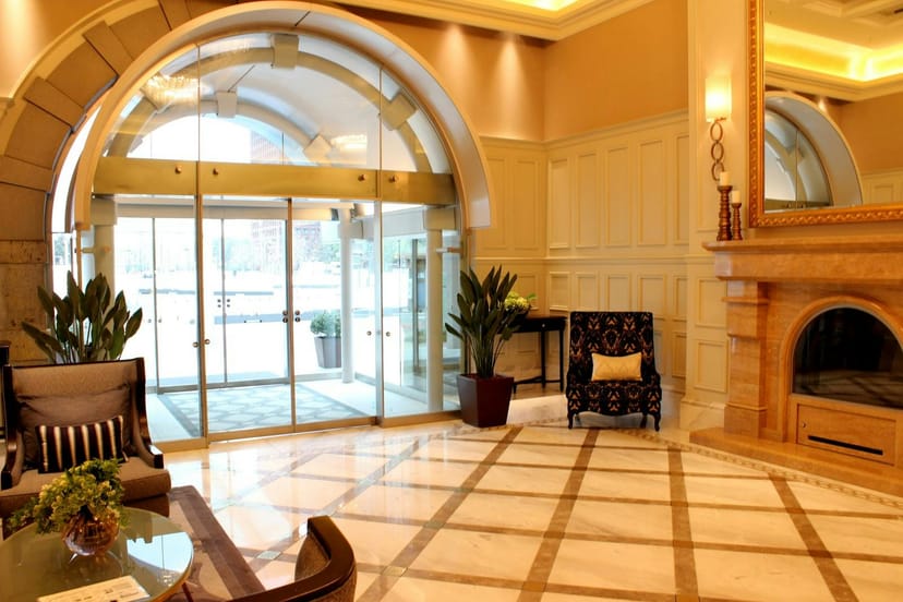 Youko in Tokyo Station Hotel lobby, elegant design for events and networking.